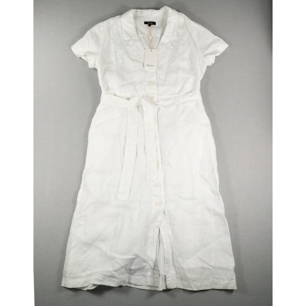 Quince NWT Linen Button Front Short Sleeve Tie Waist Midi Dress White Size S